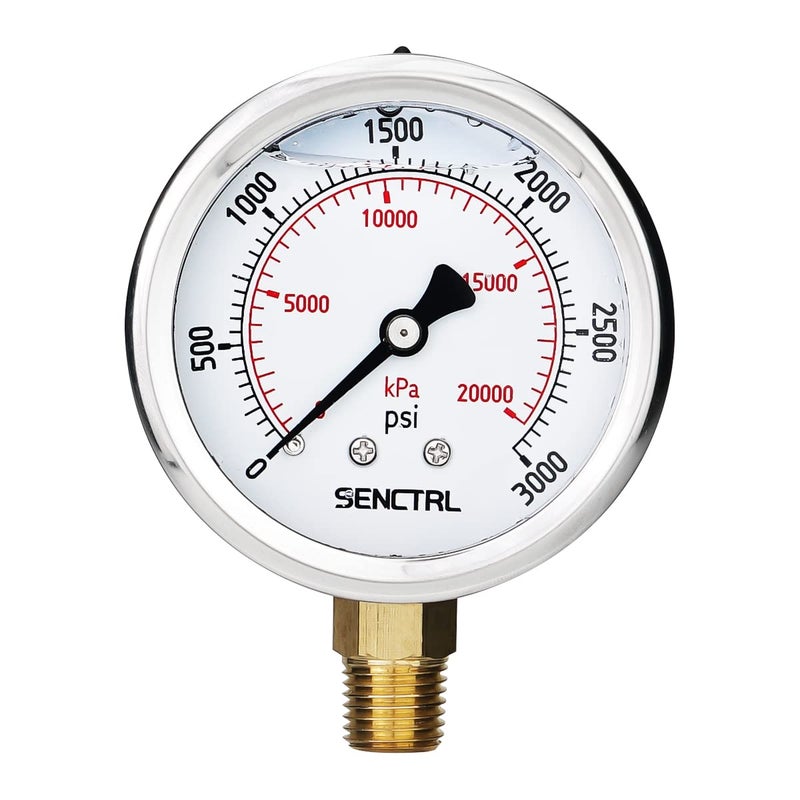 SENCTRL 3000 Psi Glycerin Liquid Filled Hydraulic Pressure Gauge, 2.5" Dial Size, 1/4" NPT Lower Mount, Stainless Steel Case, for Air Gas Water Oil Pressure Test - Image 1