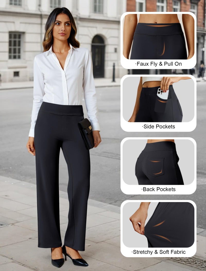 FireSwan Womens Dress Pants Stretchy Wide Leg Work Pants Business Casual Trousers Pull On Office Slacks with 4 Pockets Black - Image 4