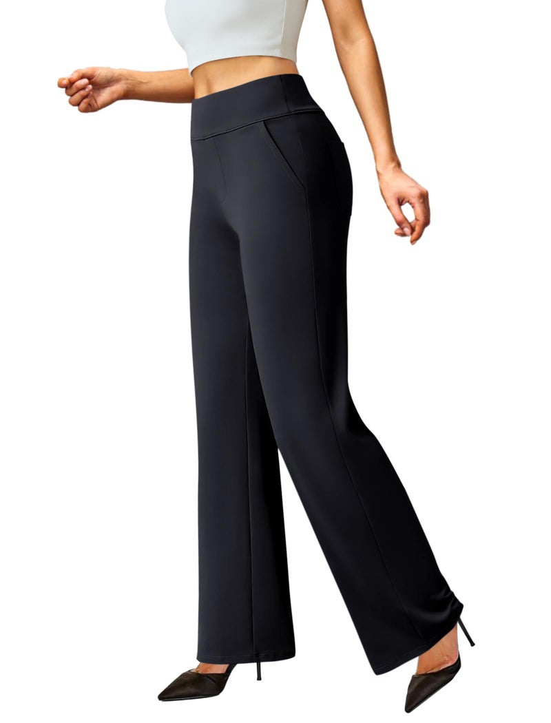 FireSwan Womens Dress Pants Stretchy Wide Leg Work Pants Business Casual Trousers Pull On Office Slacks with 4 Pockets Black - Image 1