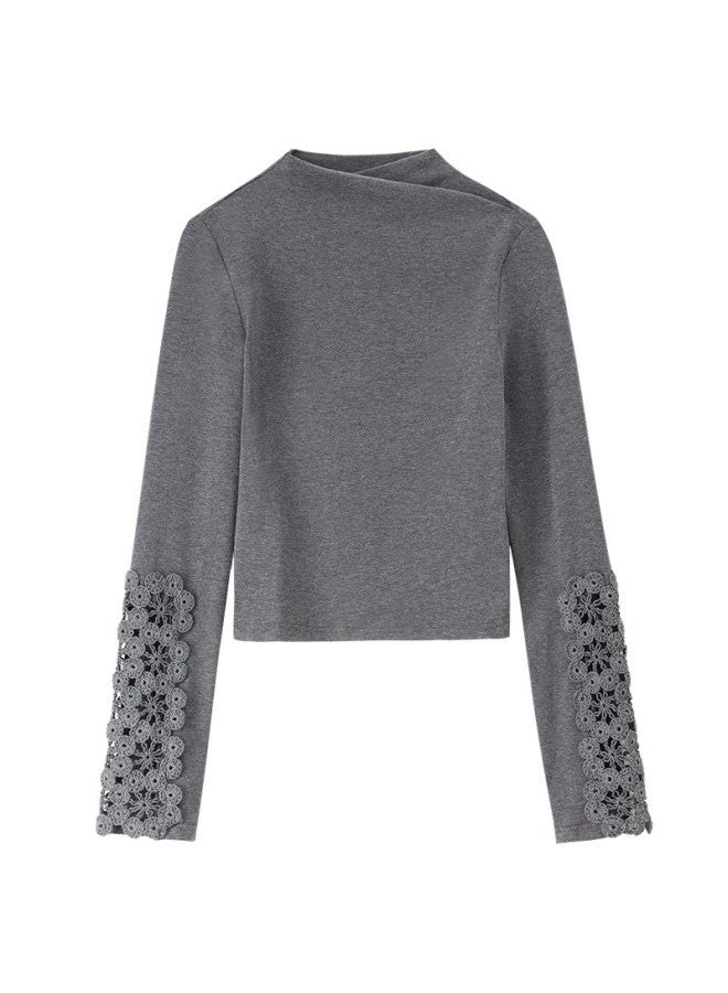 Sentubila Cotton Hollow Lace Floral T-shirt Women Autumn Half Turtleneck Long Sleeve Slim Knit Stretch Top - Image 3