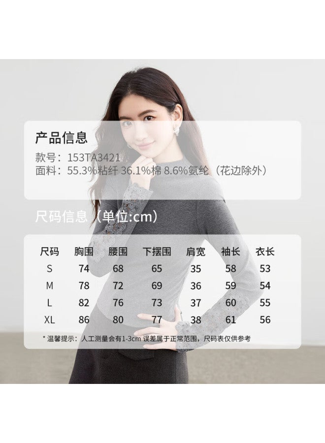 Sentubila Cotton Hollow Lace Floral T-shirt Women Autumn Half Turtleneck Long Sleeve Slim Knit Stretch Top - Image 2
