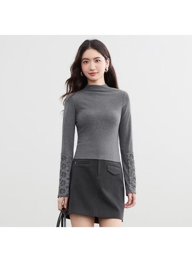 Sentubila Cotton Hollow Lace Floral T-shirt Women Autumn Half Turtleneck Long Sleeve Slim Knit Stretch Top - Image 1