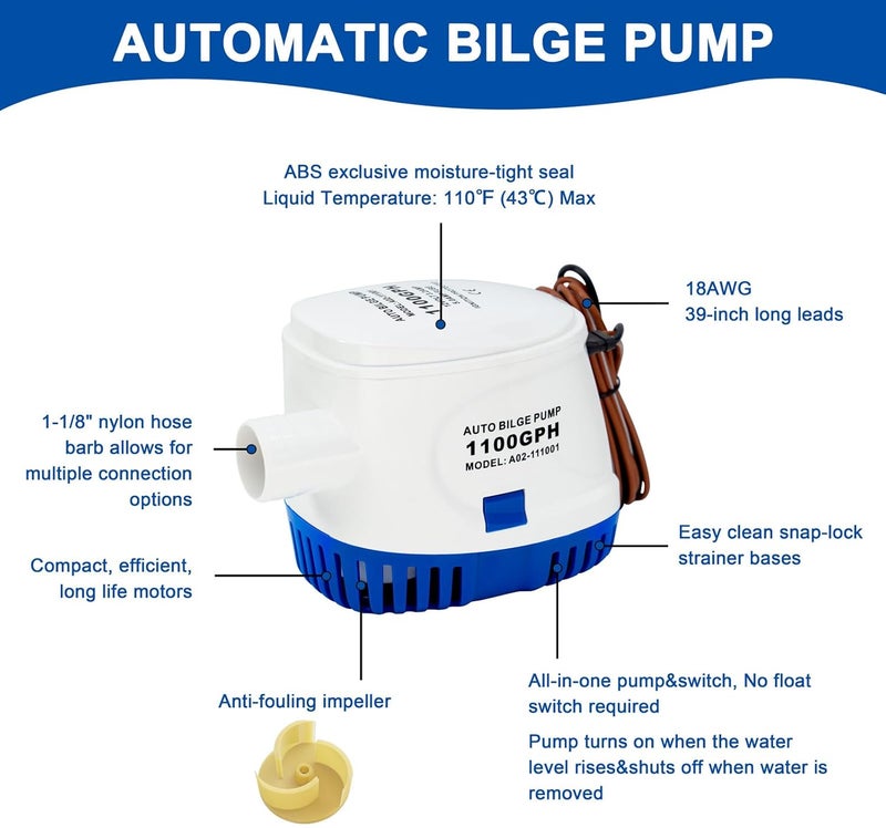 Sanuke 1100GPH Automatic Bilge Pumps, 12V Marine Bilge Water Pump with Float Switch, 1-1/8" Outlet, Electric Motor Submersible Bilge Pump for Boats, Ponds, Pools, Caravan RV - Image 3