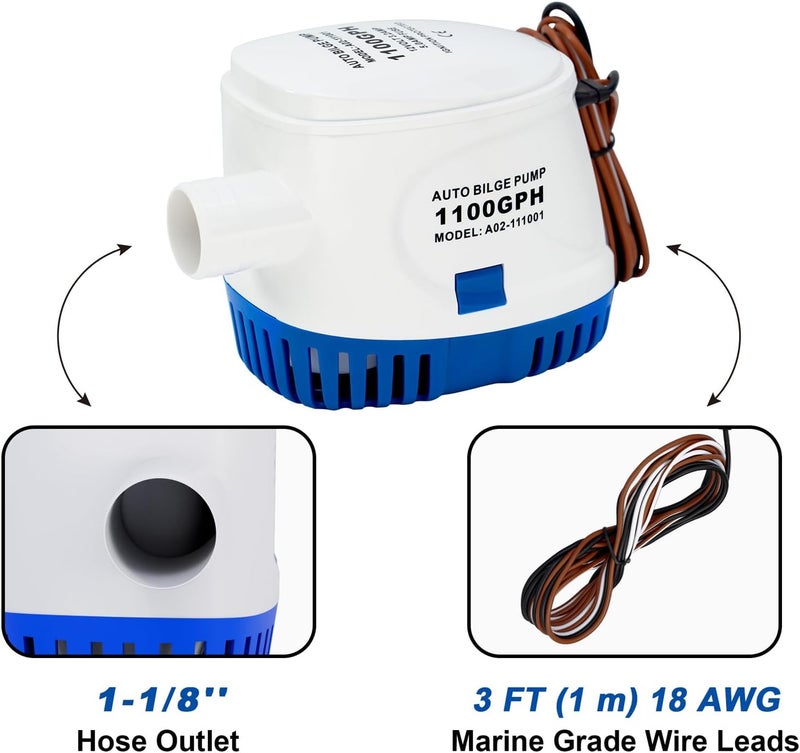 Sanuke 1100GPH Automatic Bilge Pumps, 12V Marine Bilge Water Pump with Float Switch, 1-1/8" Outlet, Electric Motor Submersible Bilge Pump for Boats, Ponds, Pools, Caravan RV - Image 5