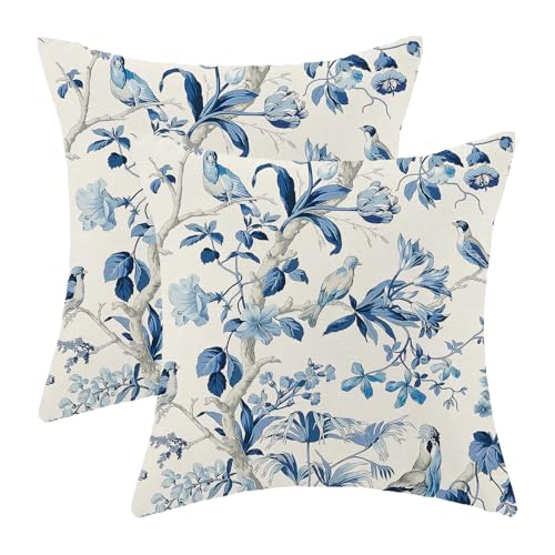 CXMEIFLY Navy Blue Spring Floral Pillow Covers 18 x 18 Inch Set of 2 for Chinoiserie Flowers Bird Decor Throw Pillows Vintage Plant Outdoor Decorative Cushion Cases for Couch Bed Decorations - Image 1
