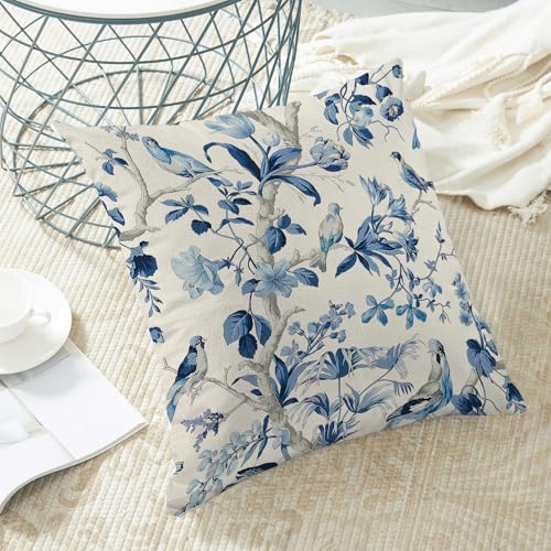 CXMEIFLY Navy Blue Spring Floral Pillow Covers 18 x 18 Inch Set of 2 for Chinoiserie Flowers Bird Decor Throw Pillows Vintage Plant Outdoor Decorative Cushion Cases for Couch Bed Decorations - Image 4