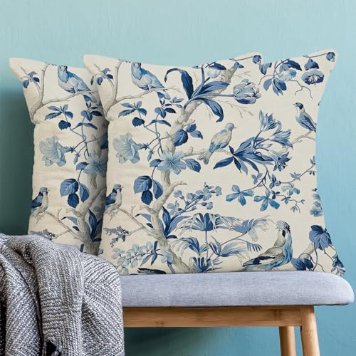 CXMEIFLY Navy Blue Spring Floral Pillow Covers 18 x 18 Inch Set of 2 for Chinoiserie Flowers Bird Decor Throw Pillows Vintage Plant Outdoor Decorative Cushion Cases for Couch Bed Decorations - Image 2