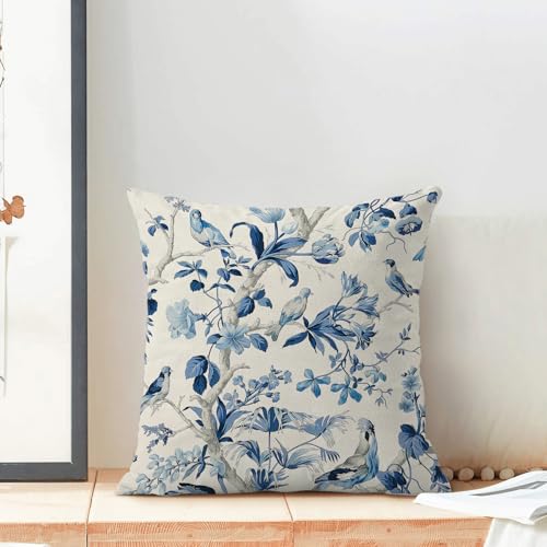 CXMEIFLY Navy Blue Spring Floral Pillow Covers 18 x 18 Inch Set of 2 for Chinoiserie Flowers Bird Decor Throw Pillows Vintage Plant Outdoor Decorative Cushion Cases for Couch Bed Decorations - Image 3