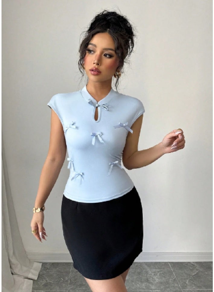 Shein Women's Stand Collar, Hollow Chest, Buttoned, Sleeveless, Bow Decor, Fitted Tee Shirt  - Image 1
