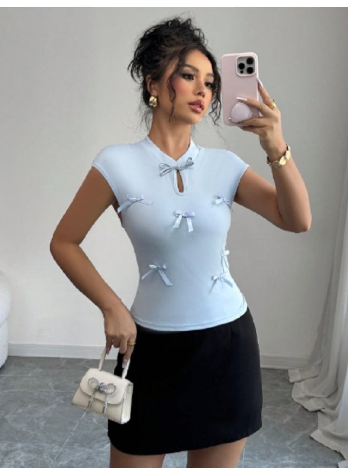 Shein Women's Stand Collar, Hollow Chest, Buttoned, Sleeveless, Bow Decor, Fitted Tee Shirt  - Image 2