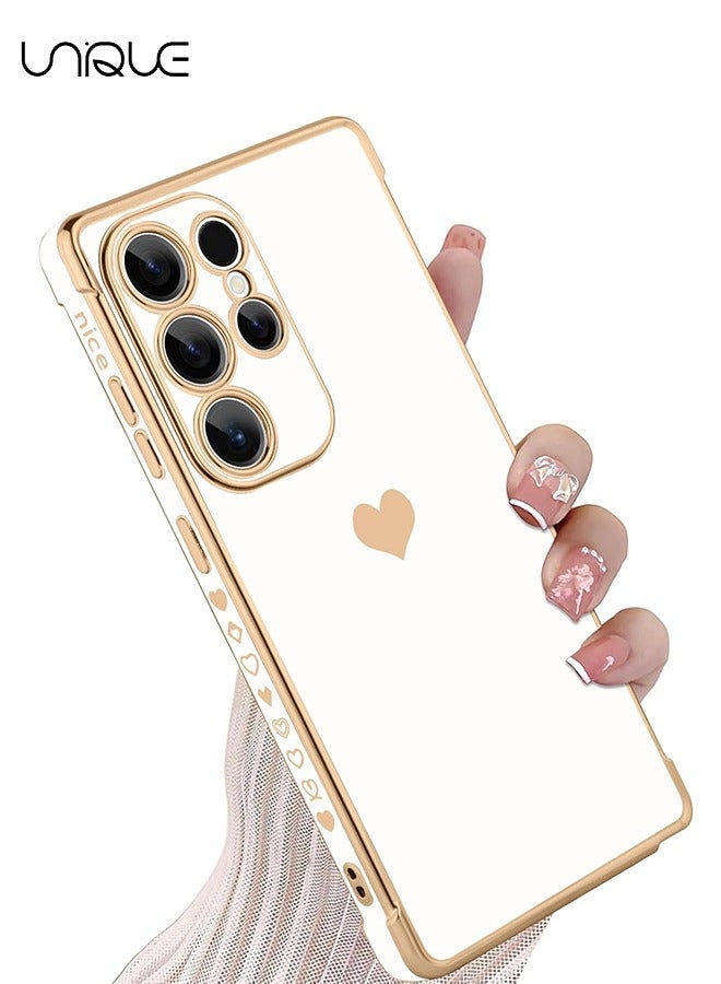 يونيك متوافق مع جراب سامسونج جالاكسي S25 الترا - مطلي بالقلب الحب بالكهرباء واقي كاميرا فاخر أنيق غطاء خلفي واقي من مادة البولي يوريثان ناعم مقاوم للصدمات جراب سامسونج جالاكسي S25 الترا - أبيض - Image 1