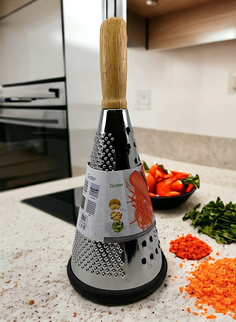 YOLO Easy Grip Wooden Handle Stainless Steel Conical Grater Silver with 3 Side Grading  - Image 2