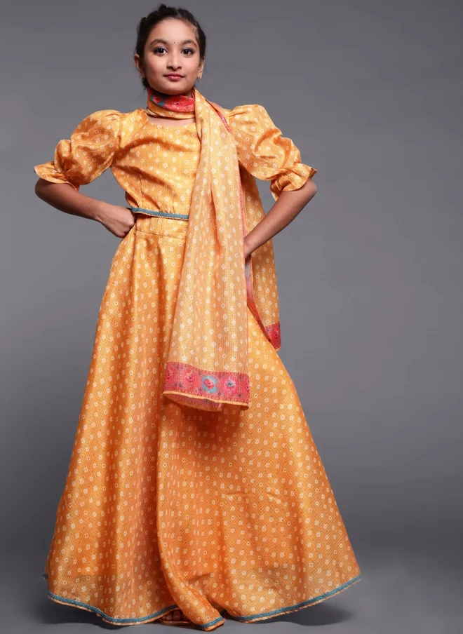 AKS Yellow Printed Lehenga Choli With Dupatta For Girls