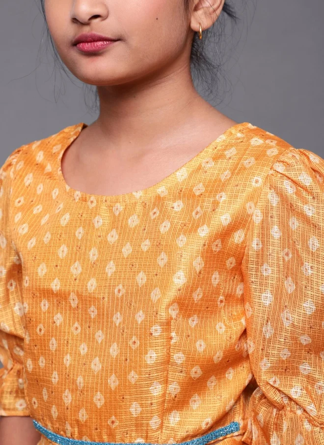 AKS Yellow Printed Lehenga Choli With Dupatta For Girls