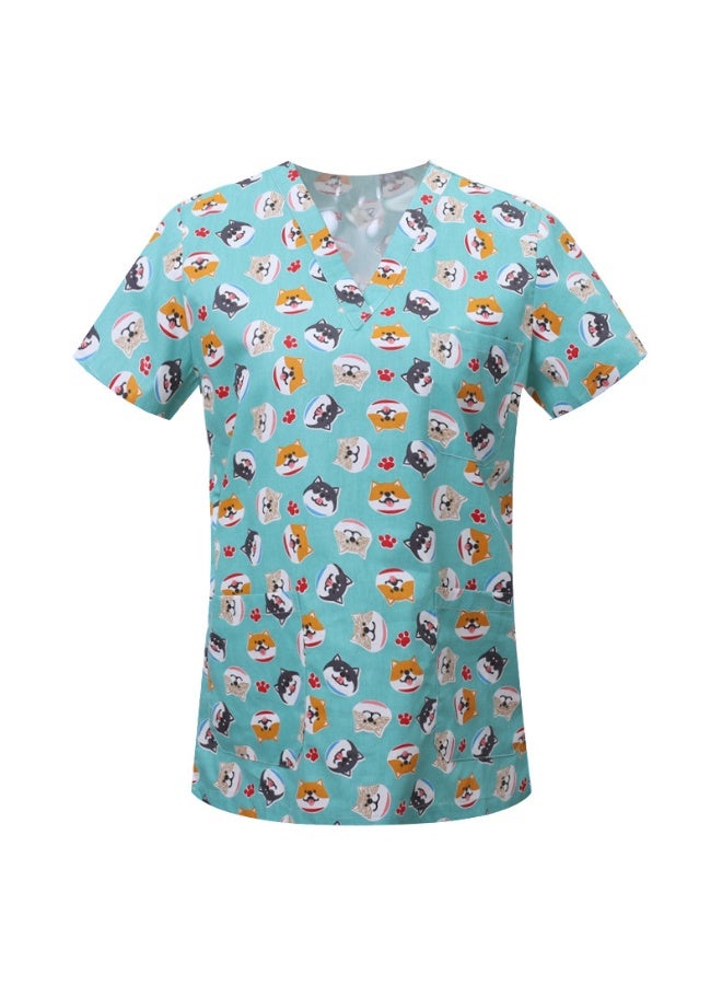 Loquat Womens Medical Scrubs Single Top Medical Uniform Single Printed Top Dog Print on Cyan Background - Image 1