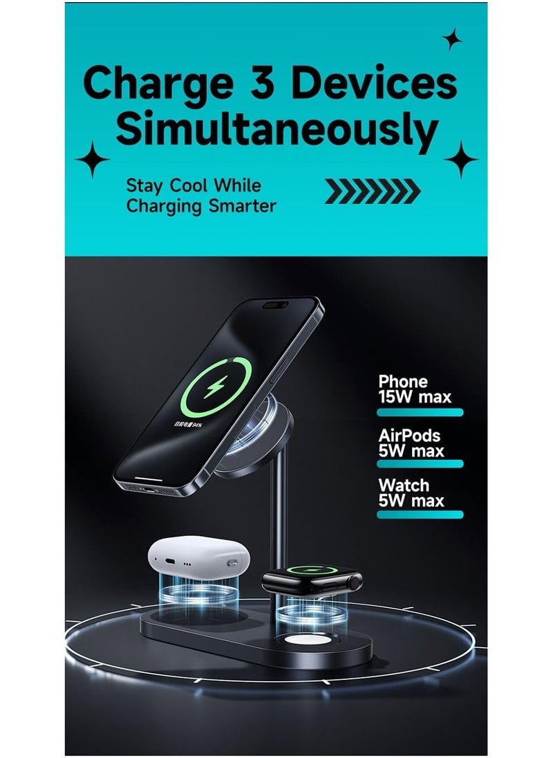 Benks Benks W15 Infinity Omni 3-in-1 Wireless Charger Stand, Magnetic Connection, 15W Fast Charging for Phone, 5W for AirPods & 5W for Apple Watch Simultaneously, Adjustable Angle, Black  - Image 2