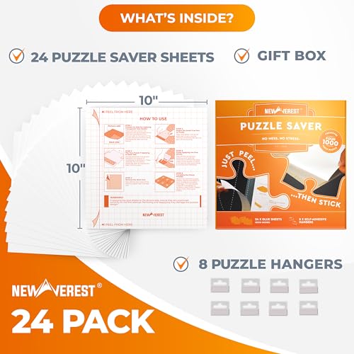 Newverest 24Pack Puzzle Glue Sheets 1010 Preserve Display 4 1000Piece Jigsaw Puzzles Peel Stick Puzzle Saver with 8 Adhesive Hangers No Glue No Mess Ships Flat GiftReady Box - Image 5