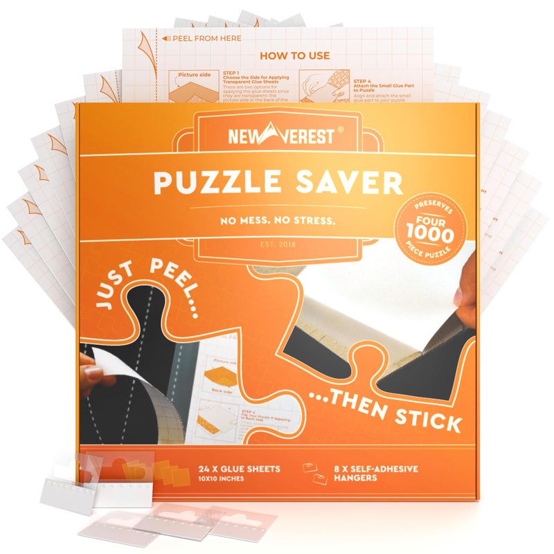 Newverest 24Pack Puzzle Glue Sheets 1010 Preserve Display 4 1000Piece Jigsaw Puzzles Peel Stick Puzzle Saver with 8 Adhesive Hangers No Glue No Mess Ships Flat GiftReady Box - Image 3