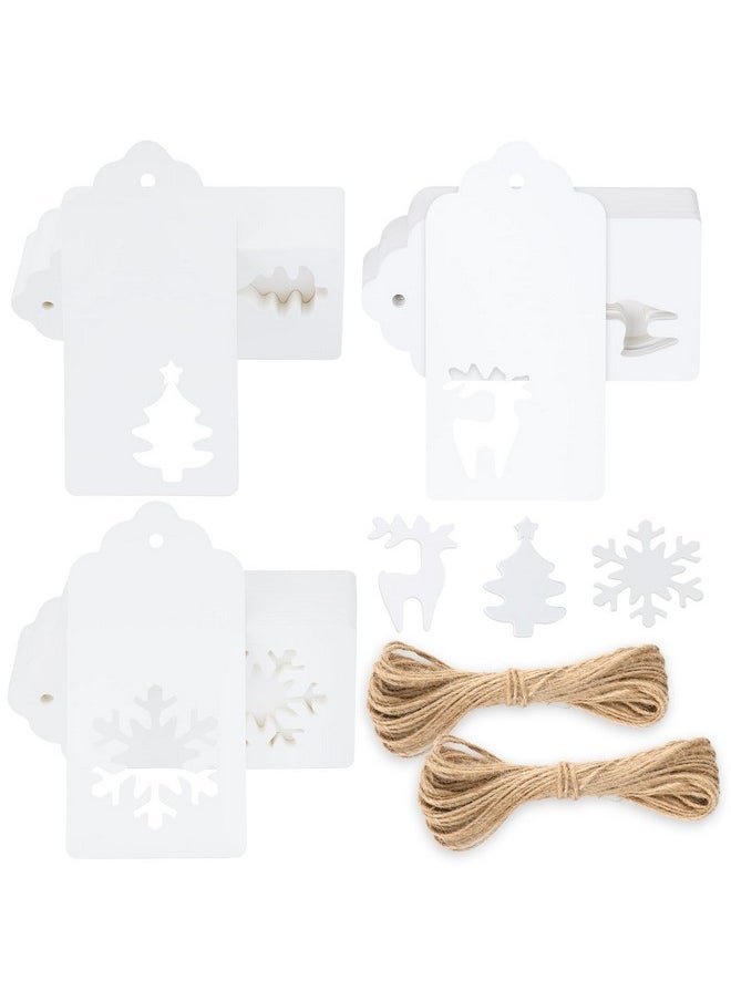 jijAcraft Christmas Gift Tags, 150Pcs Christmas Tags With String, Blank Xmas Gift Tags, White Paper Hollow Christmas Trees, Rudolph And Snowflake Shapes Gift Tags For Christmas Presents, Diy Craft  - Image 1