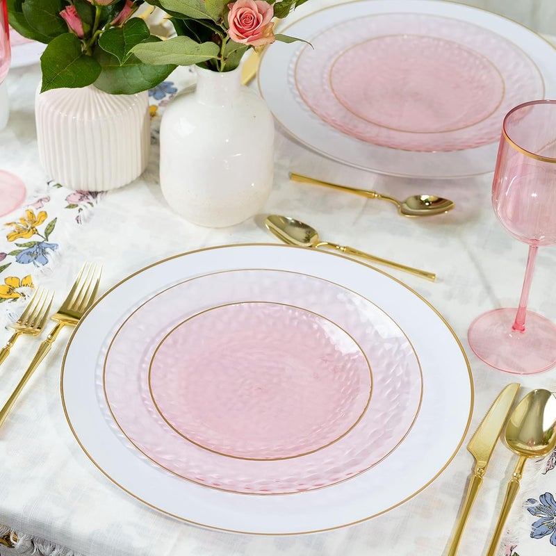 PLASTICPRO 30 Pack Hammered Plastic Plates Heavyweight Disposable Plastic Plates Elegant Clear Platsic Party Dishes (Hammered Pink With Gold Rim, 10'' INCH PLATES) - Image 2