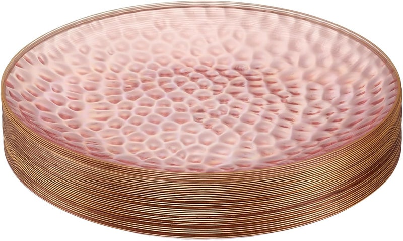 PLASTICPRO 30 Pack Hammered Plastic Plates Heavyweight Disposable Plastic Plates Elegant Clear Platsic Party Dishes (Hammered Pink With Gold Rim, 10'' INCH PLATES) - Image 1