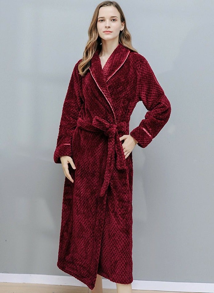إسكدنيا جنس واحد الشتاء طويل سميكة الشعاب المرجانية الصوف رداء حمام بيجاما مع الحزام النبيذ الأحمر - Image 2
