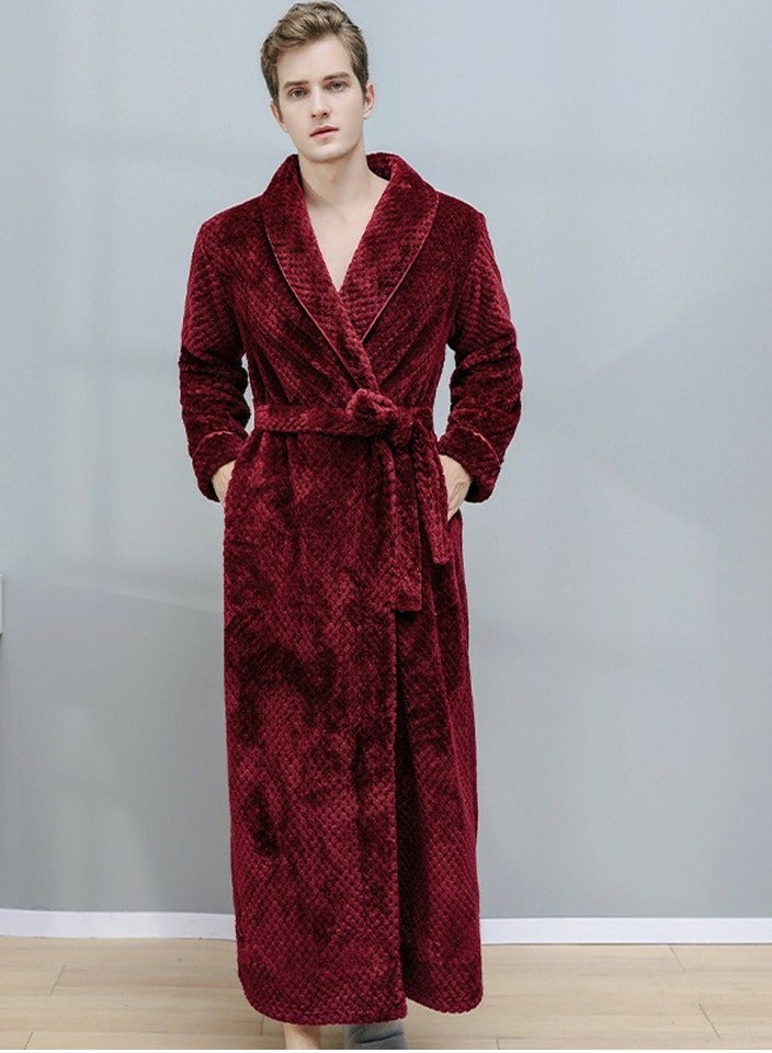 إسكدنيا جنس واحد الشتاء طويل سميكة الشعاب المرجانية الصوف رداء حمام بيجاما مع الحزام النبيذ الأحمر - Image 1