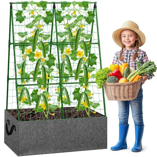Tidponra Cucumber Trellis with Grow Bag 50 x 36 Inches Reusable Garden Vegetable Trellis with Fabric Raised Bed Climbing Net and Plant Support Clips for Greenhouse Climbing Plants - Image 1