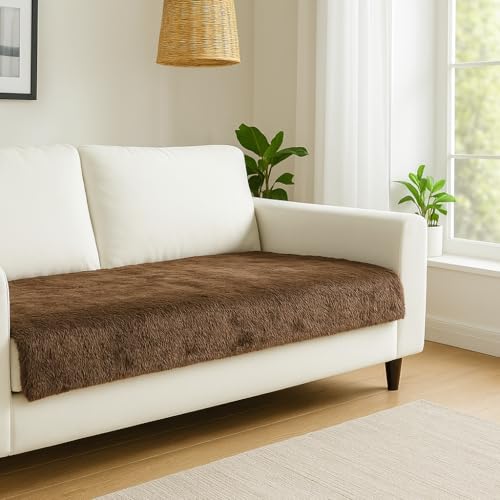 FABANE Premium Faux Rabbit Fur Sofa Cover – Mocha Brown – 2-Seater (27" × 48" / 70 × 120 cm) | Plush, Washable, Anti-Slip Couch Seat Runner - Image 1