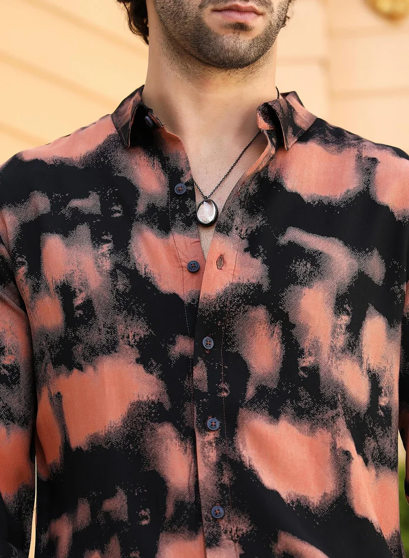 Campus Sutra Men's Obsidian Black & Sienna Brown Smudged-Block Regular Shirt