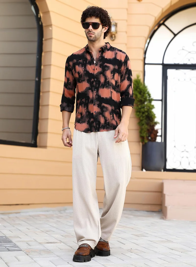 Campus Sutra Men's Obsidian Black & Sienna Brown Smudged-Block Regular Shirt