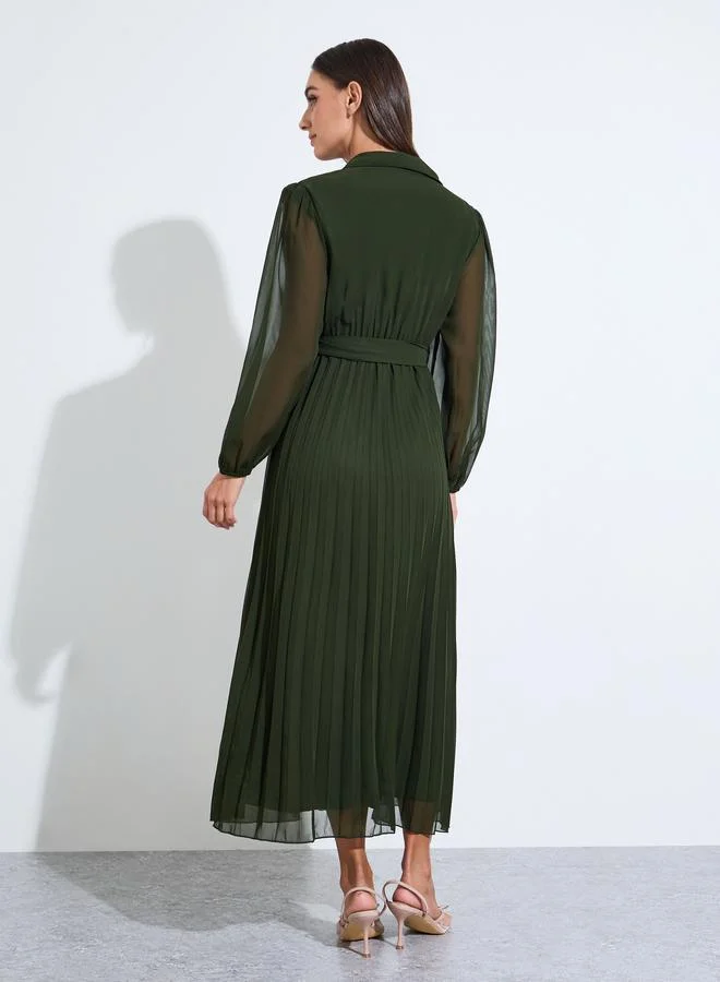 Styli  Green Tie-Up Waist Pleated Details V-Neck A-Line Maxi Dress for Women | Best Price UAE