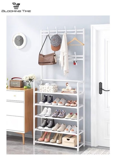 Coat Rack And 5-Layer Shoe Rack, With Hooks, Can Hang Clothes, Hats, And Shoe Racks For Shoes,White