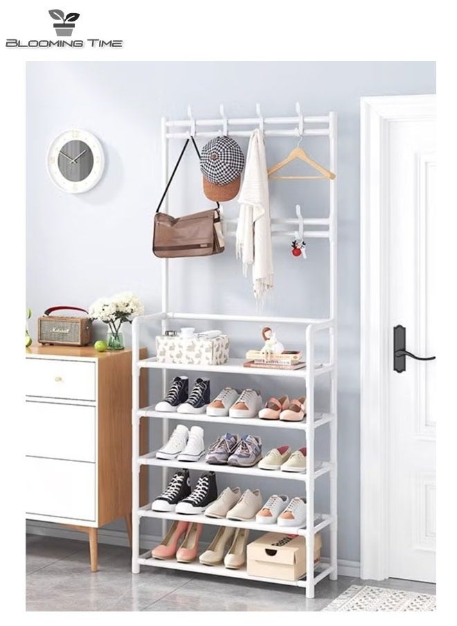 BLOOMING TIME - Coat Rack And 5-Layer Shoe Rack, With Hooks, Can Hang Clothes, Hats, And Shoe Racks For Shoes,White - Image 1