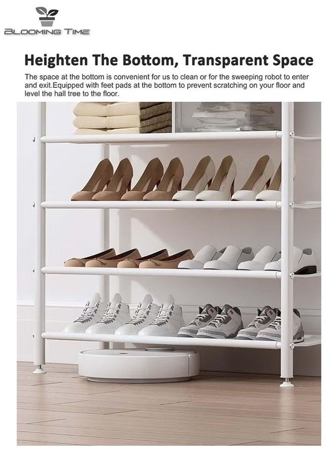 BLOOMING TIME - Coat Rack And 5-Layer Shoe Rack, With Hooks, Can Hang Clothes, Hats, And Shoe Racks For Shoes,White - Image 1
