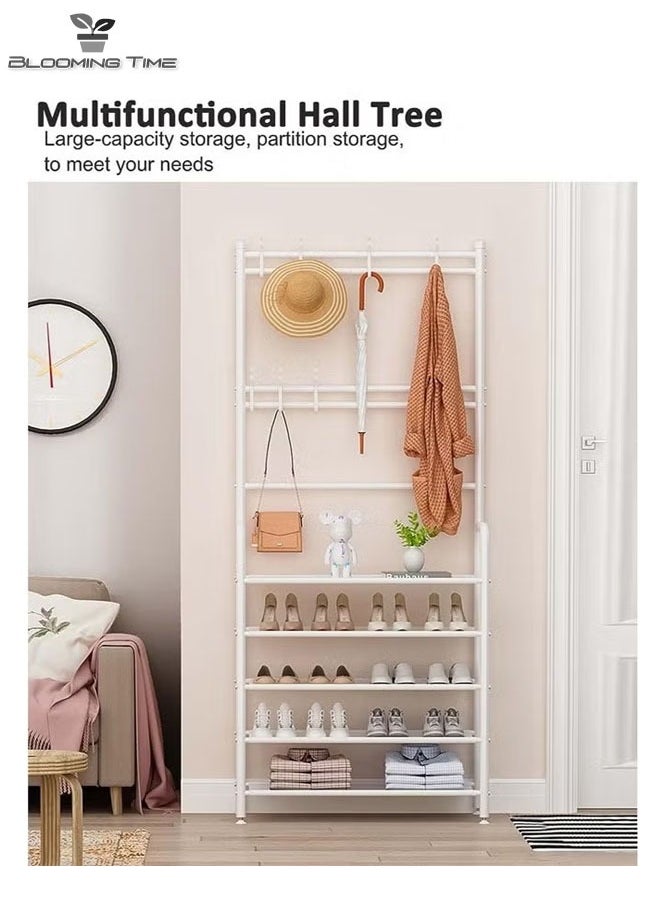 BLOOMING TIME - Coat Rack And 5-Layer Shoe Rack, With Hooks, Can Hang Clothes, Hats, And Shoe Racks For Shoes,White - Image 1