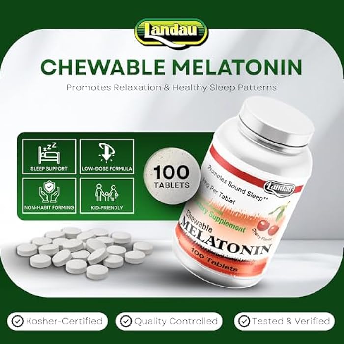 LANDAU Chewable Melatonin for Kids - 1mg Low Dose Melatonin Sleep Aid for Kids - Kosher & Made in the USA - Easy-to-Take Natural Cherry Flavor Melatonin Sleep Aid for Toddlers, Children & Adults (100) - Image 2