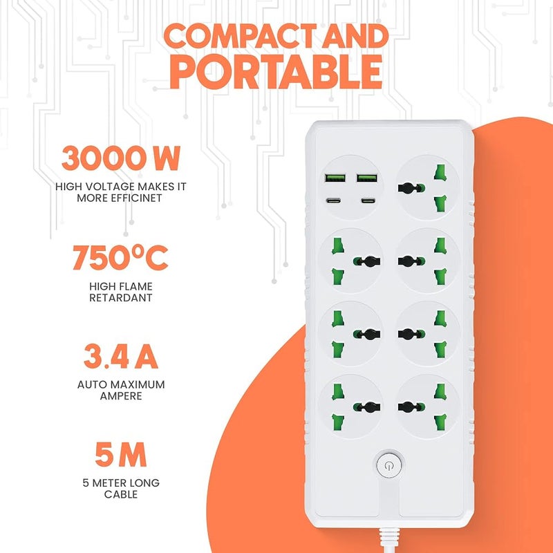 إيلونسي كابل تمديد طاقة عالمي مقاس 5 أمتار من إلونسي، يحتوي على منفذ USB-C، وشريط طاقة بـ 7 مقابس كهربائية و٢ فتحة USB، باللون الأبيض - Image 3