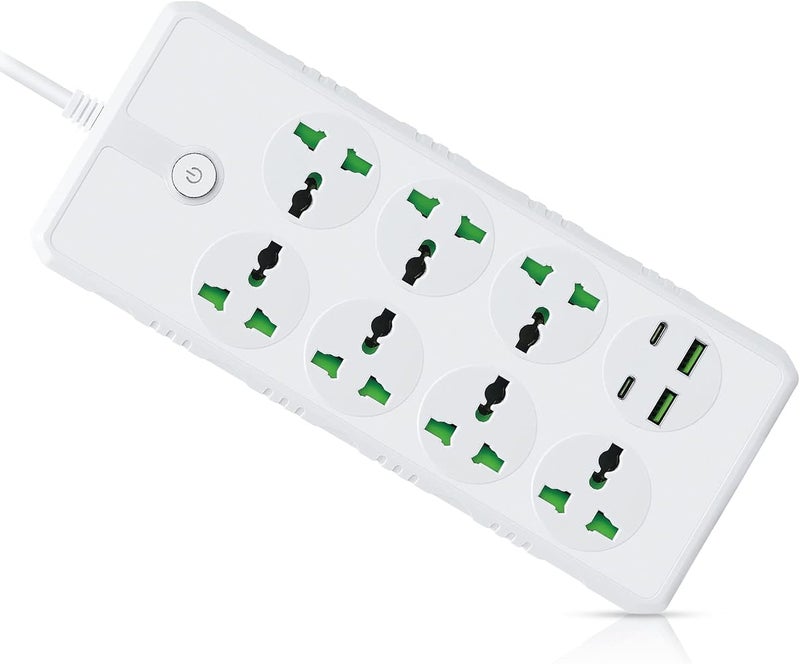 إيلونسي كابل تمديد طاقة عالمي مقاس 5 أمتار من إلونسي، يحتوي على منفذ USB-C، وشريط طاقة بـ 7 مقابس كهربائية و٢ فتحة USB، باللون الأبيض - Image 1