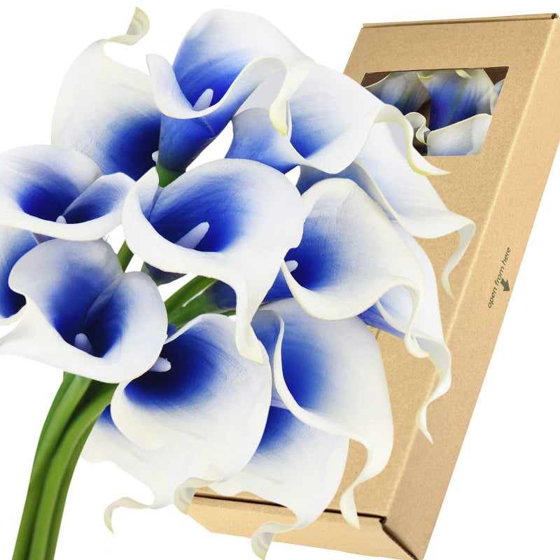 FiveSeasonStuff Real Touch Calla Lily Artificial Flowers Wedding Bridal Bouquet  Floral Arrangements  15 Calla Lilies Silk White  Abyss Blue