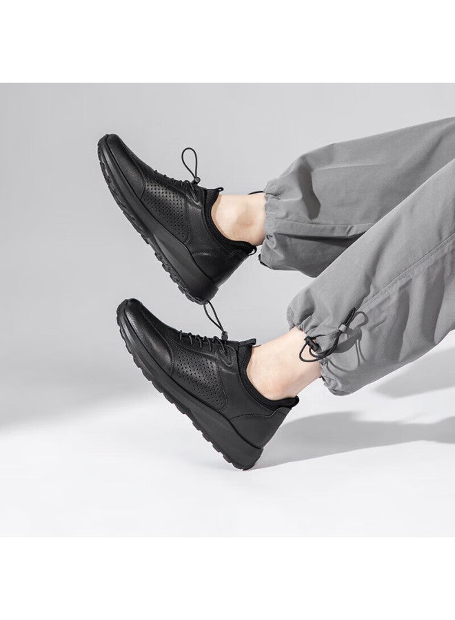 Connell Kangnai Casual Leather Shoes For Men, Summer Hollow Breathable Cool Leather Shoes, Cowhide Lightweight Soft Sneakers, Perforated Walking Shoes, Black, Size 38 - Image 2