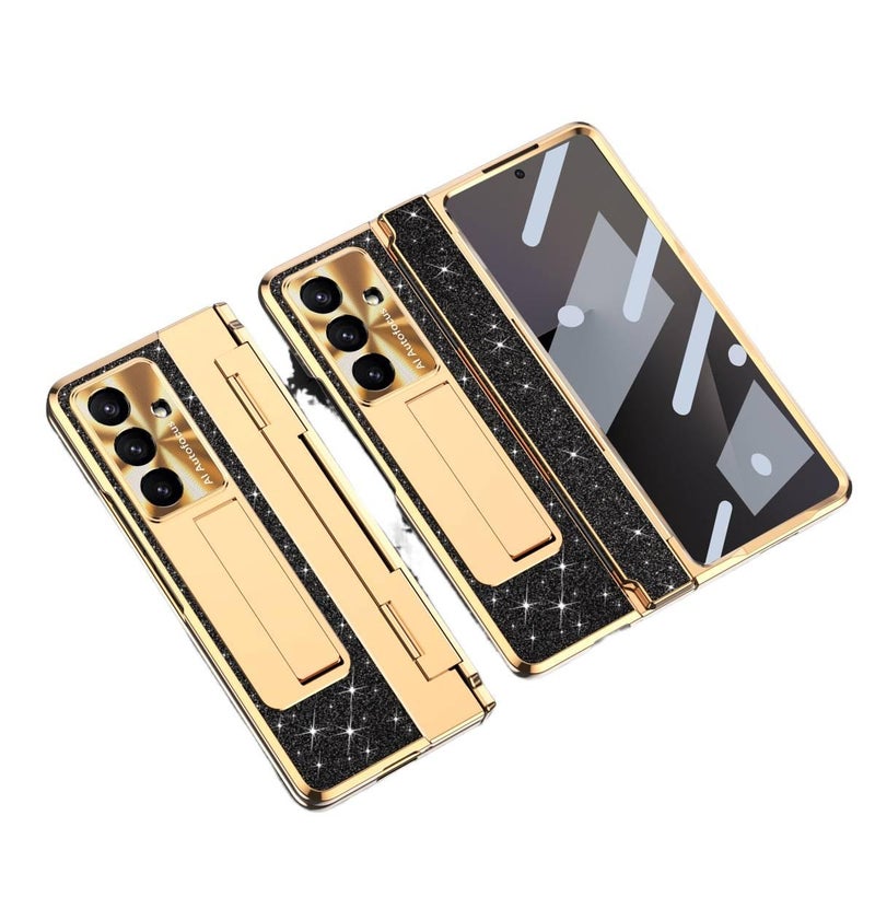 غطاء واقي بملمس جلد لـ Samsung Galaxy Z Fold 4 مع حماية من السقوط وتغطية كاملة مع مقاوم للصدمات مع حامل قائم مع مقاوم للخدش باللون Gold بوظيفة حامل للتخزين العملي للمدرسة للمكتب - Image 1