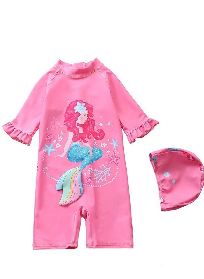 Generic Children's Mermaid Swimsuit， Long sleeved One Piece Sun Proof kids Swimwear With Swim Cap For Height 70-120cm Girls  - Image 1