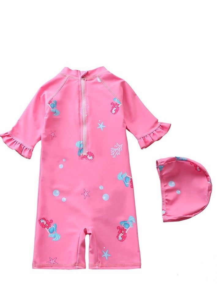 Generic Children's Mermaid Swimsuit， Long sleeved One Piece Sun Proof kids Swimwear With Swim Cap For Height 70-120cm Girls  - Image 2