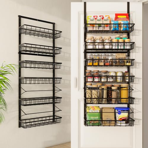 Mefirt Over The Door Pantry Organizer, Pantry Storage and Organization, 6-Tier Adjustable Hanging Baskets, Metal Wall Mount Spice Rack Seasoning Shelves for Home & Kitchen, Laundry Bathroom - Black - Image 1