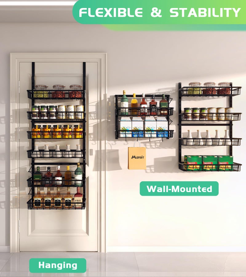 Mefirt Over The Door Pantry Organizer, Pantry Storage and Organization, 6-Tier Adjustable Hanging Baskets, Metal Wall Mount Spice Rack Seasoning Shelves for Home & Kitchen, Laundry Bathroom - Black - Image 4
