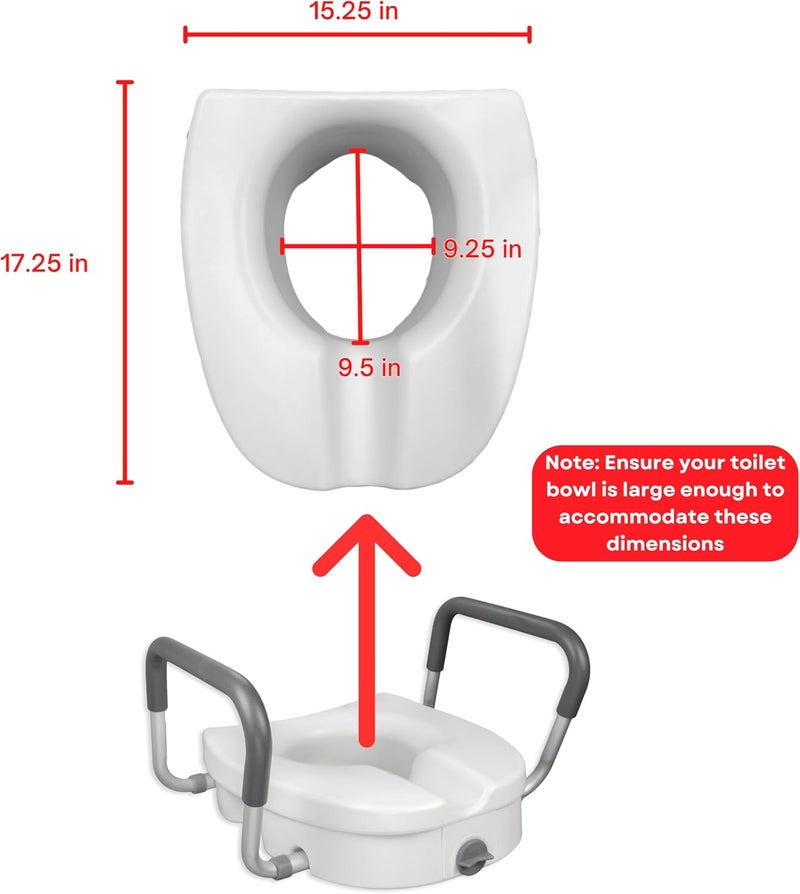 RMS Raised Toilet Seat - 5 Inch Elevated Riser with Adjustable Padded Arms - Toilet Safety Seat for Elongated or Standard Commode - Image 2