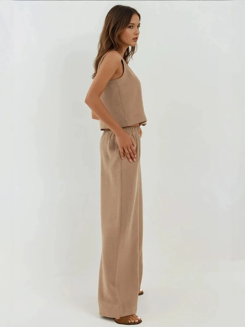 HICCUP Linen Feel Blouse & Elastic Waist Pants Two-Piece Coord Set