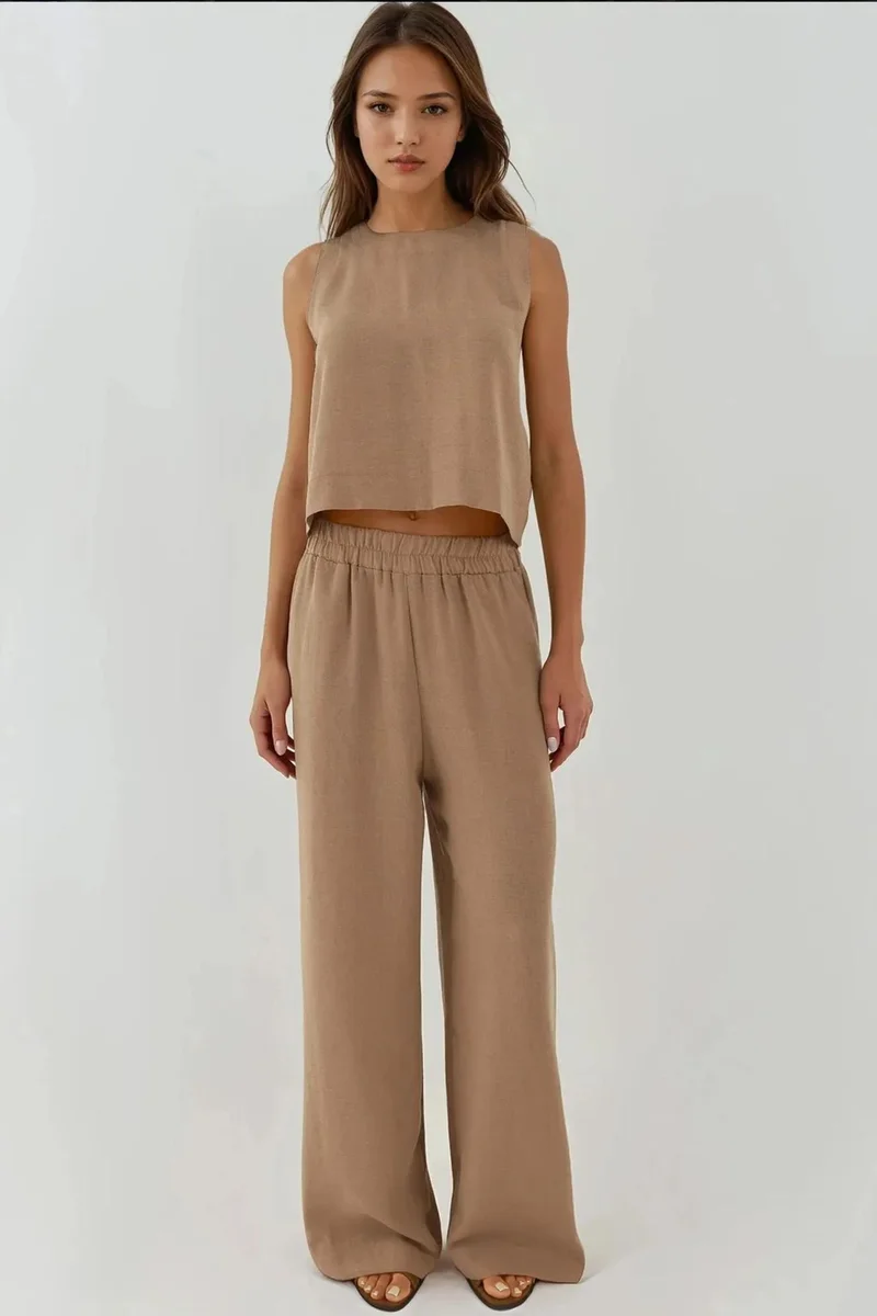 Hiccup Linen Feel Blouse & Elastic Waist Pants Two-Piece Coord Set