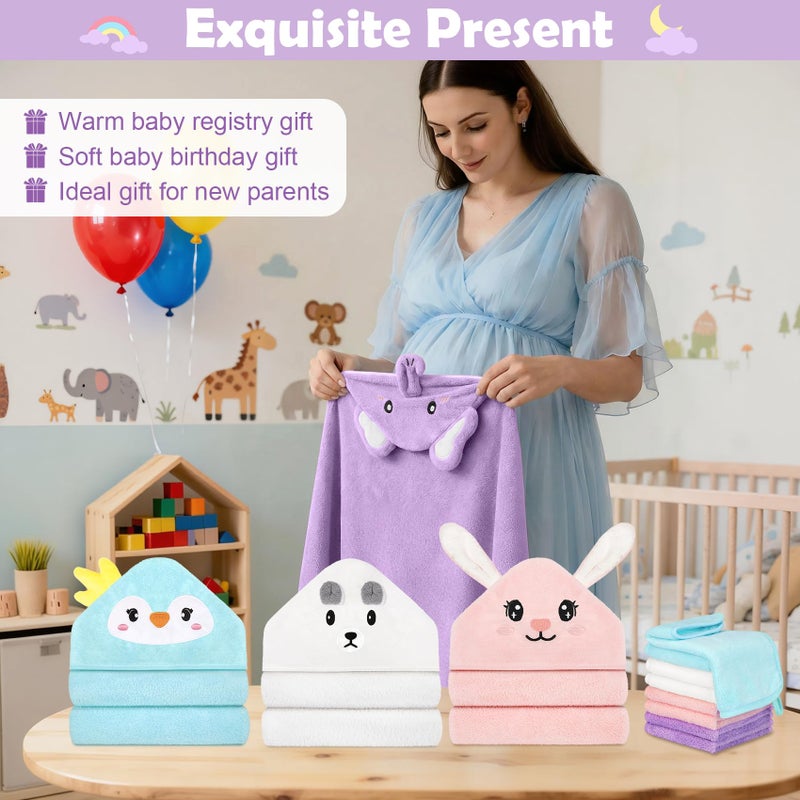 CandyHome 12 PCS Baby Bath Towels Set for Infants Toddlers, 4 PCS Animal Hooded Baby Towels & 8 PCS Washcloths Set, Ultra Absorbent Soft Cute Newborn Bath Essentials Gifts for Boys & Girls - Image 5